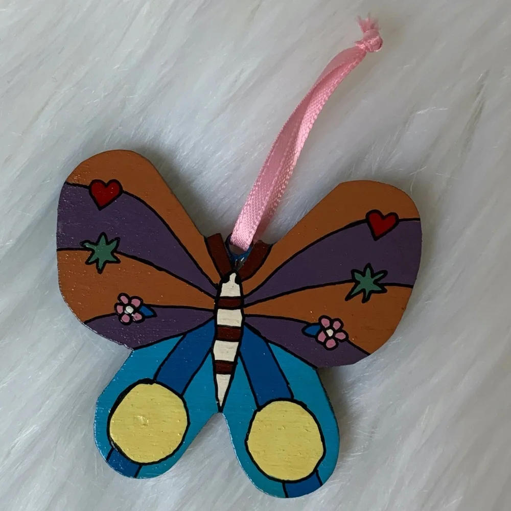 Hand Painted Butterfly Wooden Ornament 3